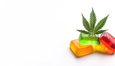 Yenilebilir kenevir sakızı ya da sakızlar, eğlence ve tıbbi amaçlar için tüketilen ev yapımı ya da ticari olarak üretilmiş. Kopya alanı ile beyaz arkaplanda izole
