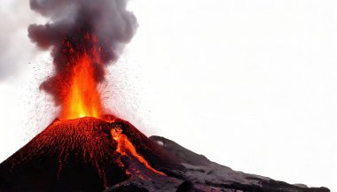 Volkan patlaması, yerkabuğundaki bir çatlaktır. Bu da sıcak lav, volkanik kül ve gazların yüzeyin altındaki magma odasından kaçmasına izin verir. Kopya alanı ile beyaz arkaplanda izole