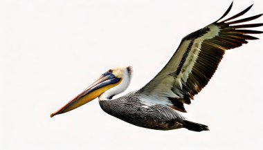 Kahverengi pelikan - Pelecanus occidentalis - Amerika 'da bulunan üç türden biri ve suya dalarak beslenen iki türden biri. Kopya alanı ile beyaz arkaplanda izole