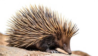 short beaked echidna - Tachyglossus aculeatus - spiny anteater ant eater are a mammal covered with coarse hair and spines that resemble a porcupine or a hedgehog. Isolated on white background clipart