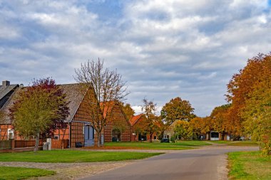 Luechow, Lower Saxony, Germany - 31 October 2021: View of the historic hall houses in the listed Rundling village of Satemin