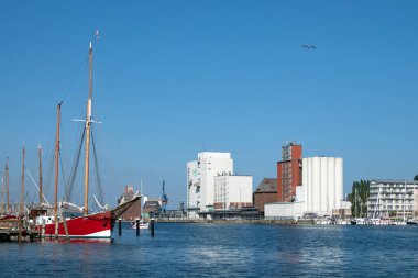 Flensburg, Schleswig-Holstein, Germany - 2 September 2021: View over the Flensburg Fjord to the harbor and the museum harbor of Flensburg