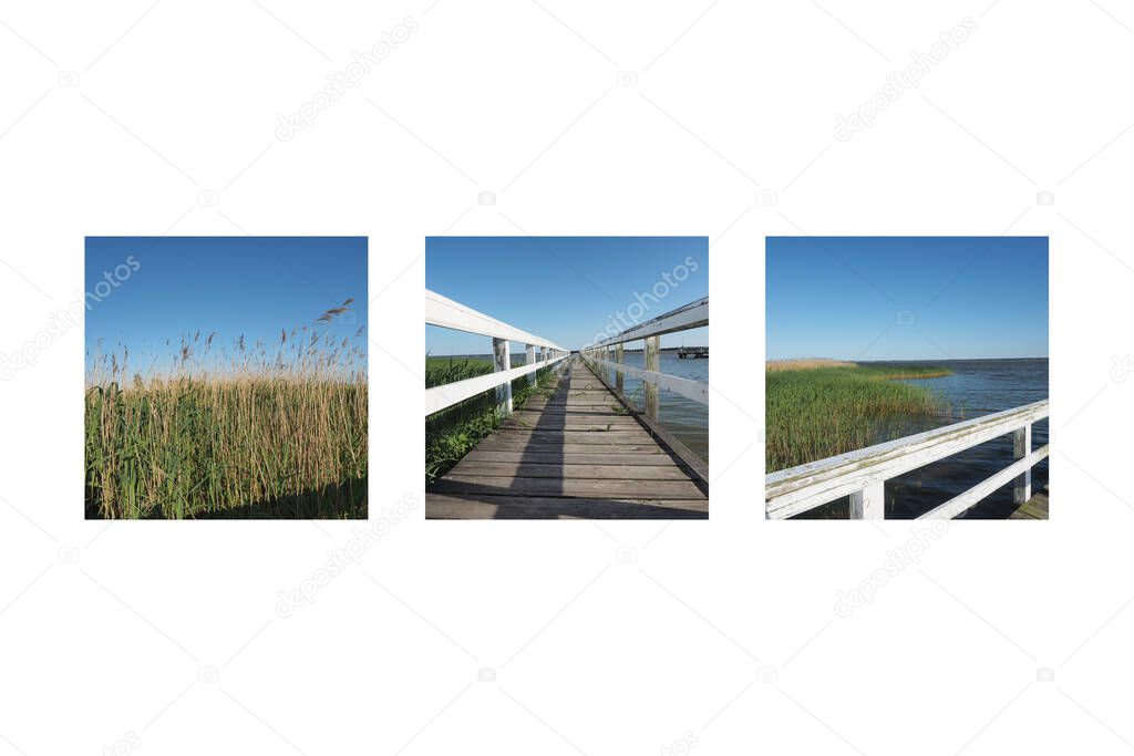 Three pictures with impressions of lake Bodstedter Bodden, Germany, outlined in white