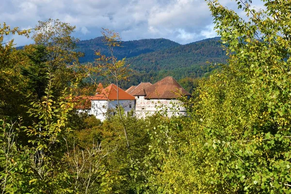 在斯洛文尼亚Dolenjska的Turjak城堡后面有森林覆盖的小山 — 图库照片
