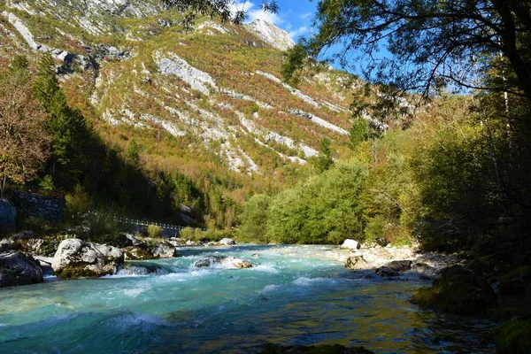 Pohled Řeku Soca Údolí Trenta Primorské Slovinsko Horskými Svahy Zakrytými — Stock fotografie
