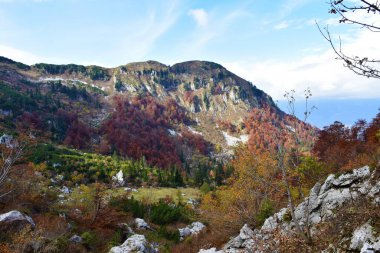 Julian Alps, Gorenjska 'daki Crna Prst dağının manzarası. Slovenya sonbaharda