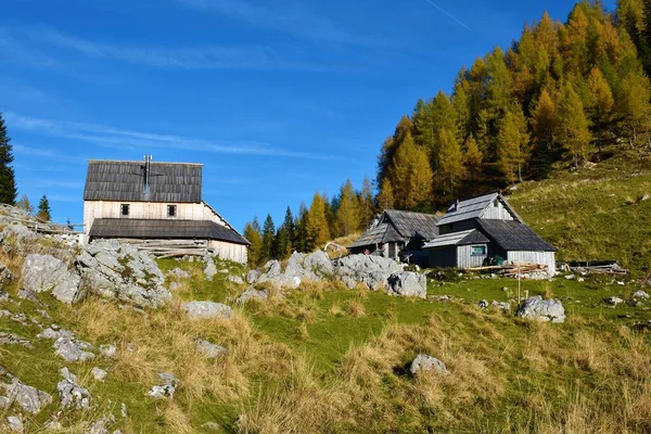 Blick Auf Die Visevnik Alm Mit Holzhütten Den Julischen Alpen — Stockfoto