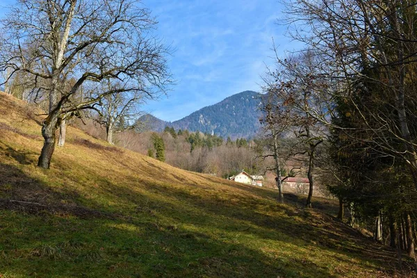 Prado Uma Fazenda Abaixo Montanhas Perto Povlje Gorenjska Eslovénia — Fotografia de Stock
