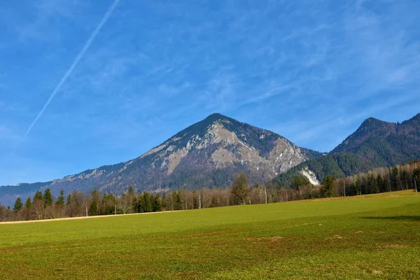 View of Tolsti vrh mountain with a field bellow near Povlje in Gorenjska, Slovenia