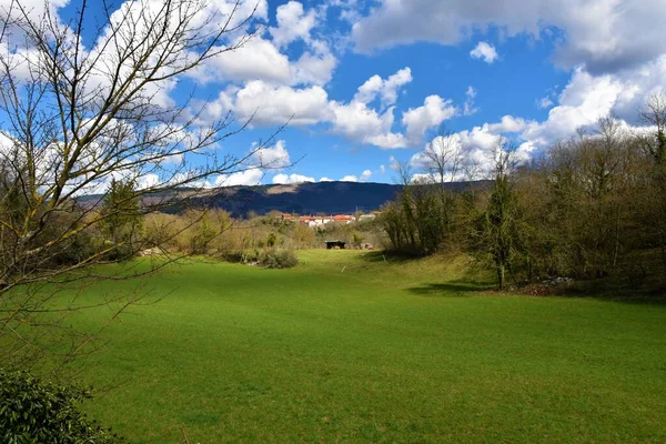 春の緑の牧草地の眺めMatavun村の近くでBrezec Pri Divaci村と背後にあるVremscica丘の斜面 — ストック写真