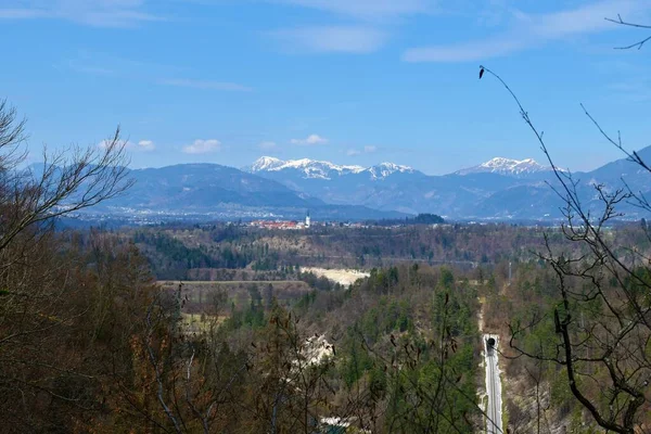 Vista Cidade Radovljica Gorenjska Eslovênia Com Pico Coberto Neve Das — Fotografia de Stock