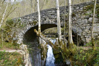 Slovenya 'nın Kobarid kenti yakınlarındaki Kozjak deresinin üzerindeki taş köprü.