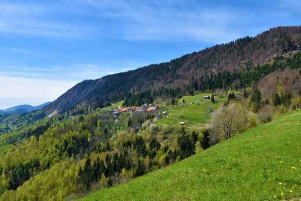 春にスロバキアのGrenjskaのJelovicaの下のジャムニク村 — ストック写真