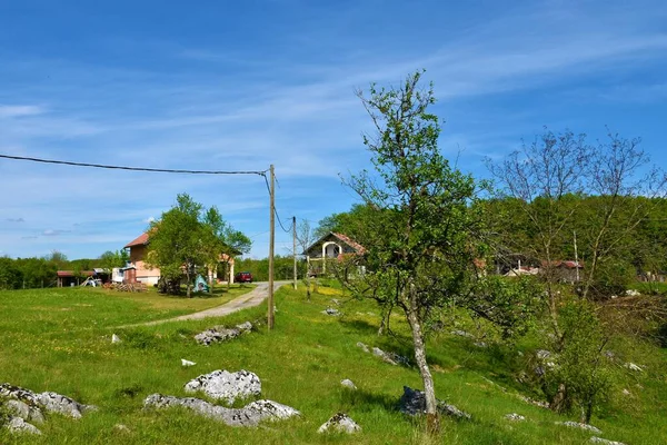 Land Mit Häusern Und Wiese Dorf Catrnja Der Gespanschaft Lika — Stockfoto
