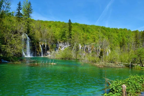 克罗地亚Lika Senj县Plitvice湖上方Milino Jezero湖和Mali Prstavac瀑布及森林覆盖山的景观 — 图库照片