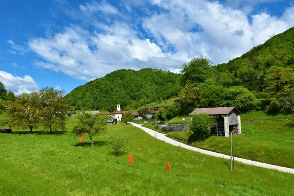 Veduta Del Villaggio Ljubinj Vicino Tolmin Primorska Slovenia Con Prato — Foto Stock