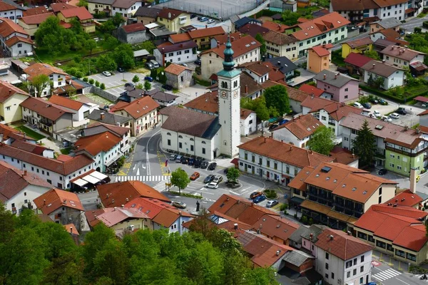 Vista Aérea Del Centro Ciudad Kobarid Primorska Eslovenia — Foto de Stock