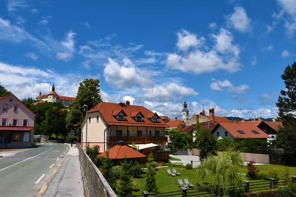 Ville Skofja Loka Avec Clocher Château Dessus Gorenjska Slovénie — Photo