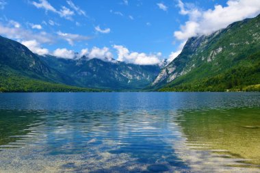 Yazın Bohinj Gölü manzarası ve Julian Alpleri, Gorenjska, Slovenya 'daki dağ manzarası