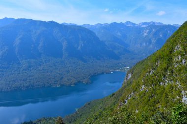 Slovenya 'nın Gorenjska kentindeki Bohinj gölü ve Julian Alpleri manzarası