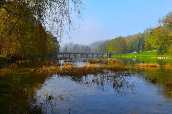 Slovenya 'nın Dolenjska kentindeki Otocec kentindeki Krka nehri üzerinde sonbaharda ağaçların üzerinde sis varken köprü