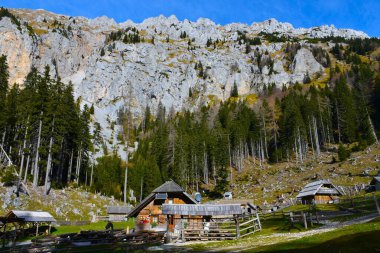 Slovenya 'nın Karavanke dağlarındaki Dolga Njiva alp otlağındaki ahşap kulübelerin tepesindeki kayalık dağlar