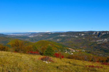 Adriyatik Denizi kıyısındaki Trieste kasabası, Istria, Primorska, Slovenya 'daki Kraski Rob' un aşağısındaki rni Kal viyadük ve Hrastovlje köyü, duman ağacının bulunduğu bir çayır (Cotinus coggygria)
