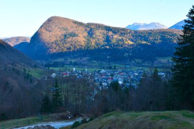 View of Stara Fuzina village at Bohinj and Rudnica hill above in Gorenjska, Slovenia clipart