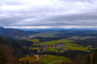 Slovenya 'nın Gorenjska kentinde tarlaları ve ormanları olan ovalarda, bulutlu bir günde Baselj köyü böğürüyor
