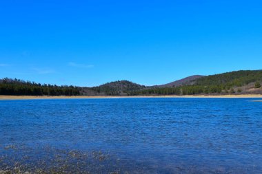 Slovenya 'nın Notranjska kentindeki Pivka yakınlarındaki Petelinjsko' nun mavi renkli karst gölünün manzarası