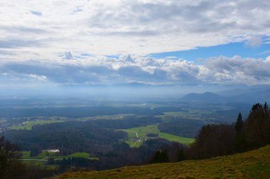 Slovenya 'nın Gorenjska kentindeki tarlalar ve ormanlar arka planda tepe ve gökte bulutlarla kaplıydı.