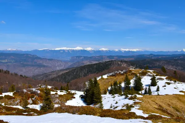 Slovenya 'nın Gorenjska kentindeki Karavanke dağ sırası ve Jelovica ve Pokljuka platosunun panoramik manzarası
