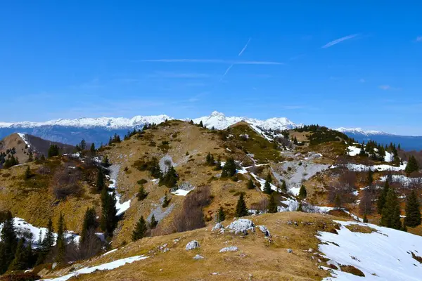Slovenya 'nın Gorenjska kentinin arka planında Mozic Dağı' nın tepesi ve Triglav Dağı 'nın karla kaplı zirvesi görülüyor