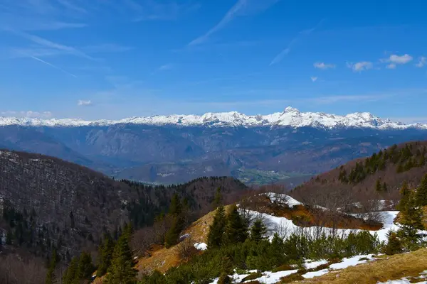 Slovenya 'nın Gorenjska kentinde kar ve Bohinj belediyesiyle kaplı Triglav dağ zirvesi manzarası
