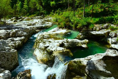 Slovenya 'nın Gorenjska kentinde Korita Mostnice' deki Mostnica deresinin manzarası