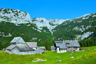 Julian Alpleri, Gorenjska, Slovenya 'da dağları olan Laz Alp otlağındaki ahşap kulübe