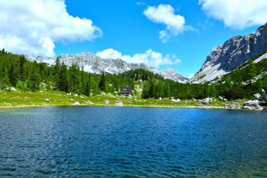 Dvojno Jezero Alp Gölü 'nün kıyısında bir çayır ve Julian Alpleri, Gorenjska, Slovenya' daki kulübenin arkasında bir orman manzarası