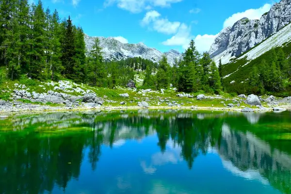 Dvojno Jezero 'nun Triglav göl vadisindeki manzarası dağ evi ve tarla ormanı üzerindeki dağlarla Julian Alpleri, Gorenjska, Slovenya' daki sularda yansıması
