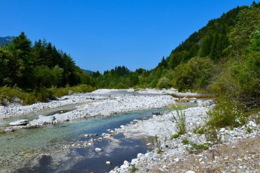 Yukarı Sava vadisinde Sava Dolinka nehri ve kaya alüvyonu manzarası, Gorenjska, Slovenya