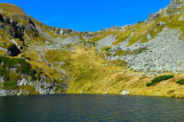 Kuru çayırlarla kaplı dağ manzarası ve Niedere Tauern, Styria, Avusturya 'da Mittlerer Kaltenbach gölü üzerinde bir parke