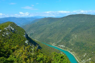 Slovenya 'nın Primorska kentindeki Soca nehir vadisi ve orman manzarası