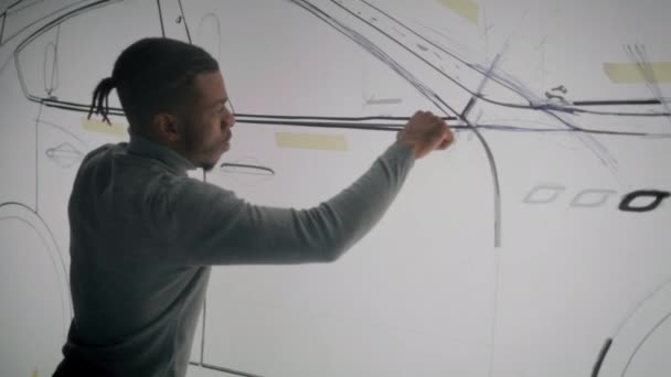 African American Automotive Male Engineer Creating Sketch Tools Whiteboard Developing — Stock Video