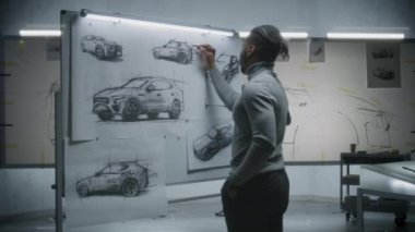 İki farklı otomotiv erkek tasarımcısı beyaz tahtalara işaretli çizimler çizerek fütüristik elektrikli araba tasarımı geliştiriyor. Modern araba tasarım stüdyosunda çalışıyorlar..