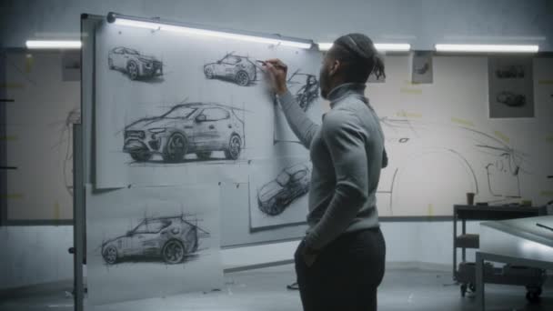 Two Diverse Automotive Male Designers Drawing Sketches Marker Whiteboards Developing — Stock Video