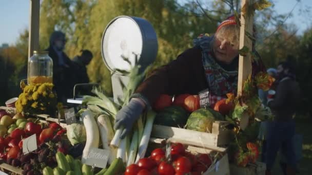 Agricultor Estabelece Frutas Legumes Proprietário Ponto Venda Está Ansioso Para — Vídeo de Stock