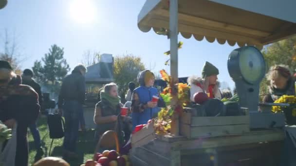 People Walking Shopping Choosing Fruits Vegetables Local Farmers Market Autumn — Stock Video