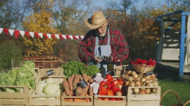 高级农贸员站在摊位上端着水果和蔬菜 数着现金 人们在当地农民市场购物 秋季展会 有机食品 销售点制度 — 图库视频影像