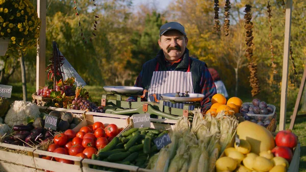 stock image Elderly farmer stands at the stall with fresh colorful fruits and vegetables, looks at camera. Weekend shopping at local farmers market outside. Vegetarian, organic and healthy food. Agriculture.