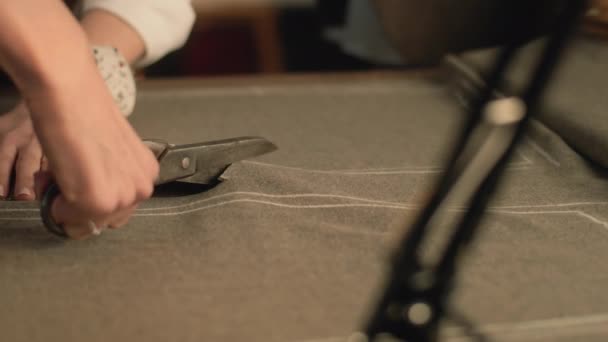 Close Shot Female Tailor Cutting Textile According Sketch Using Scissors — Video