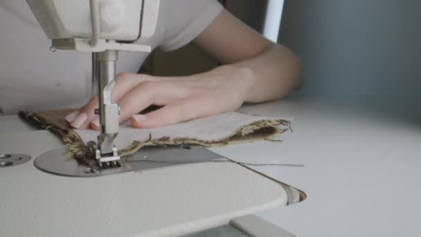 Hands Female Seamstress Works Fabric Sewing Machine Woman Sews Clothes — Stockvideo
